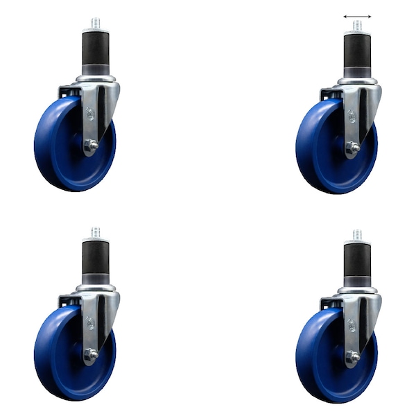 5'' SS Solid Poly Wheel Swivel 1-5/8'' Expanding Stem Caster Set, 4PK